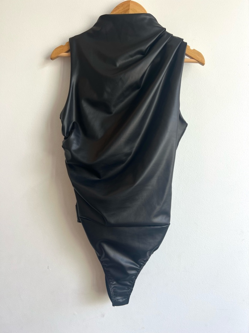 Fashion Nova Black Sleeveless Faux Leather Draped Bodysuit Bikercore